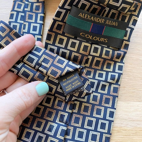 ALEXANDER JULIAN COLOURS Men's Black/Brown Tile Handmade Polyester Necktie sz OS - Picture 8 of 9